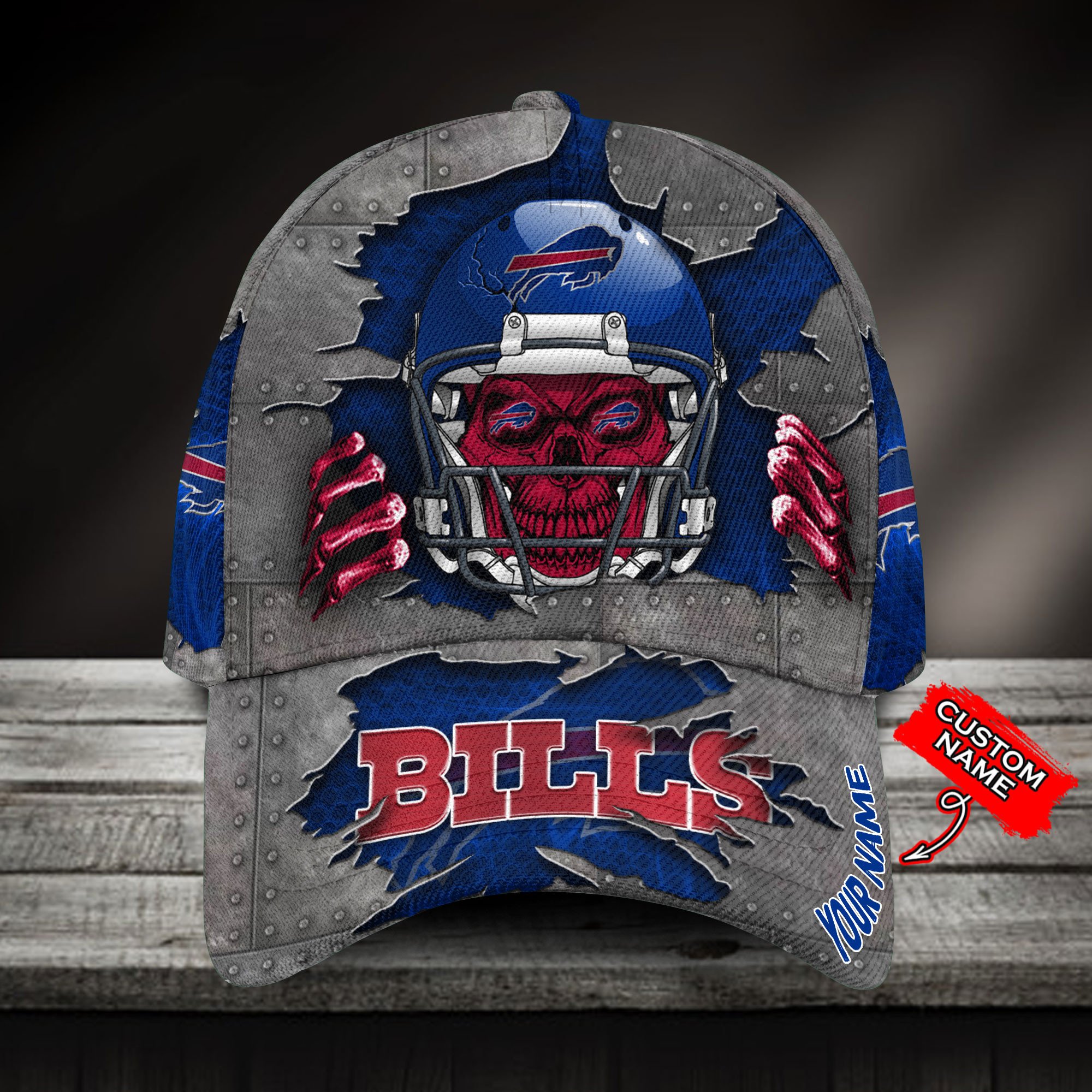 Buffalo Bills 3D Metal Skull Helmet Classic Cap Custom Name NFL ...